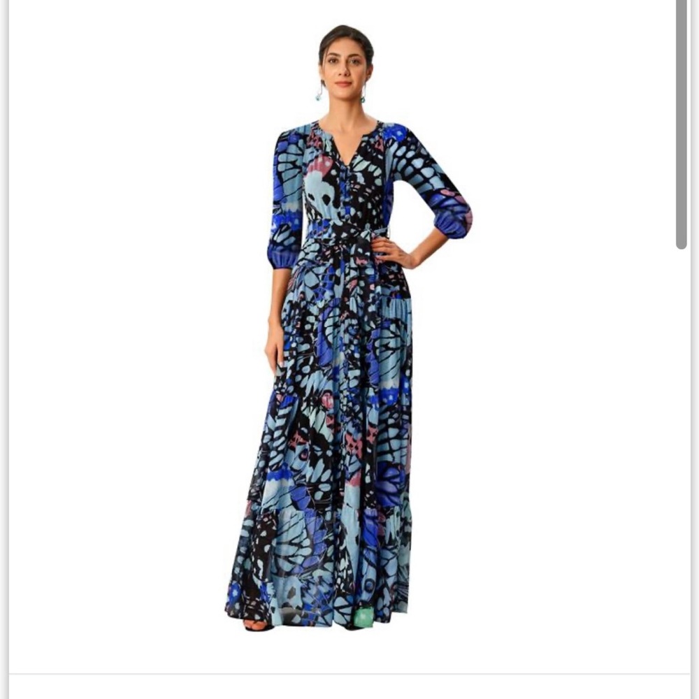 eShakti Blue and Black Butterfly Maxi Dress Georgette Tier Dress
